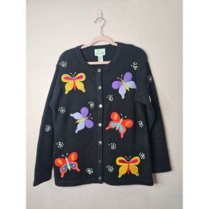 Quacker Factory Black Butterfly Cardigan Sweater Women Medium Embroidered Artsy